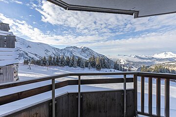 A balcony with a view of a snowy mountain range