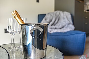 A silver bucket with a bottle of champagne in it