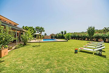 A lush green lawn with a swimming pool in the background