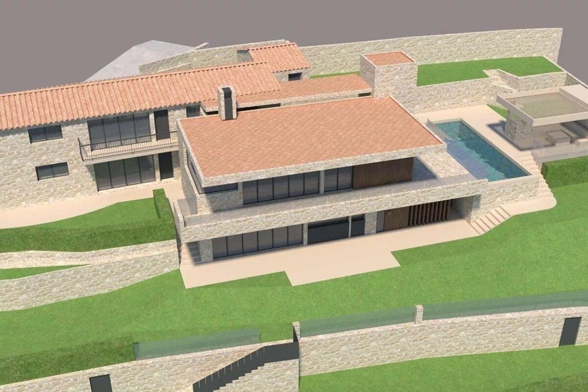 3D architectural rendering of a multi-level stone villa with tiled roofs, a swimming pool, and terraced green lawns.