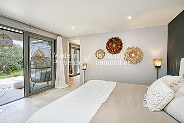 A bedroom with a sliding glass door that says made in provence