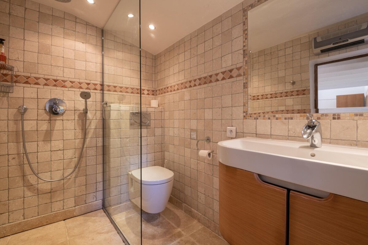 A bathroom with a toilet a sink and a walk in shower