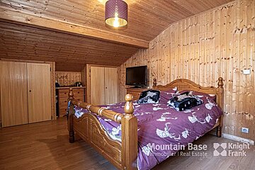 A bedroom with wood paneling and a bed that says mountain base on it