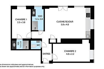 Floor plan of a 2-bedroom apartment with a kitchen/living room, two shower rooms (SDD), a separate WC, and an entrance. Dimensions are listed.