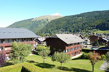 Wooden alpine chalets on a green lawn, with forested mountains and a distant peak under a clear blue sky.