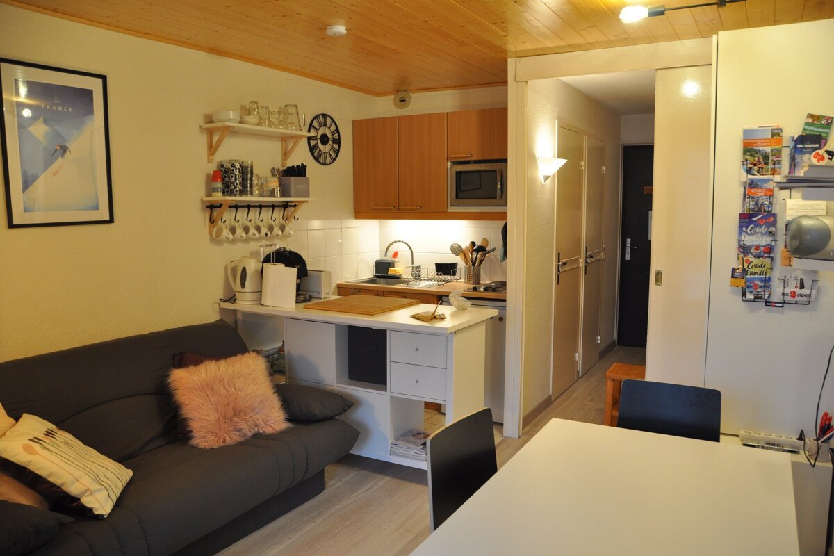 A cozy, compact studio apartment with a grey sofa, a well-equipped kitchenette, and a dining table, all under a warm wooden ceiling.