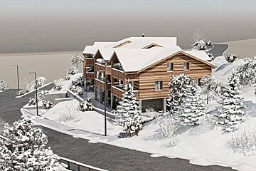 3D rendering of a multi-story wooden chalet nestled in a snow-covered landscape with pine trees.
