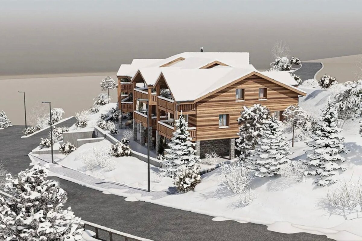 Architectural rendering of a large wooden chalet in a snow-covered winter landscape with pine trees.
