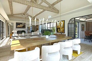 An artist 's impression of a dining room with a wooden table and white chairs