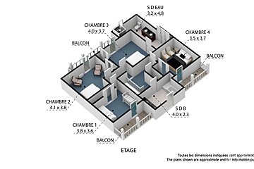 A 3d floor plan of a house in french