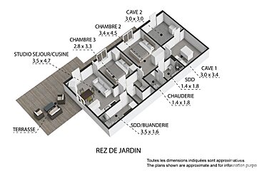 3D floor plan of a ground-level apartment (