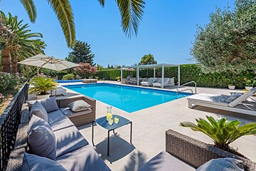 Sunny outdoor pool with modern lounge seating, palm trees, and lush hedges under a clear blue sky. A table with drinks awaits.