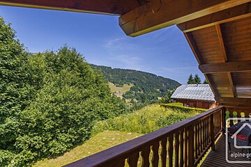 A balcony with a view of trees and mountains and the word alpine on it
