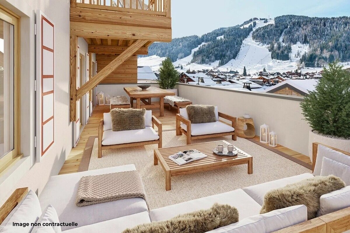 Cozy chalet terrace with wooden furniture and fur pillows, overlooking a snowy alpine ski resort.