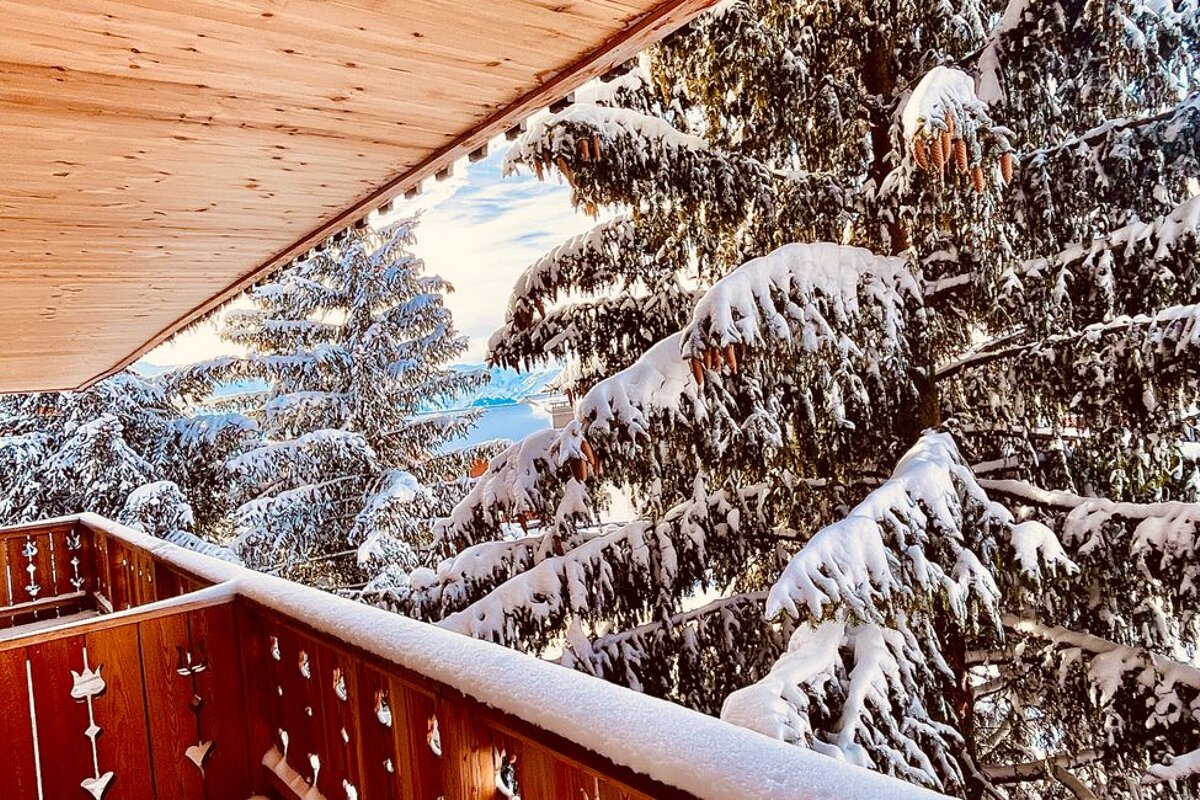 A balcony with a view of snow covered trees
