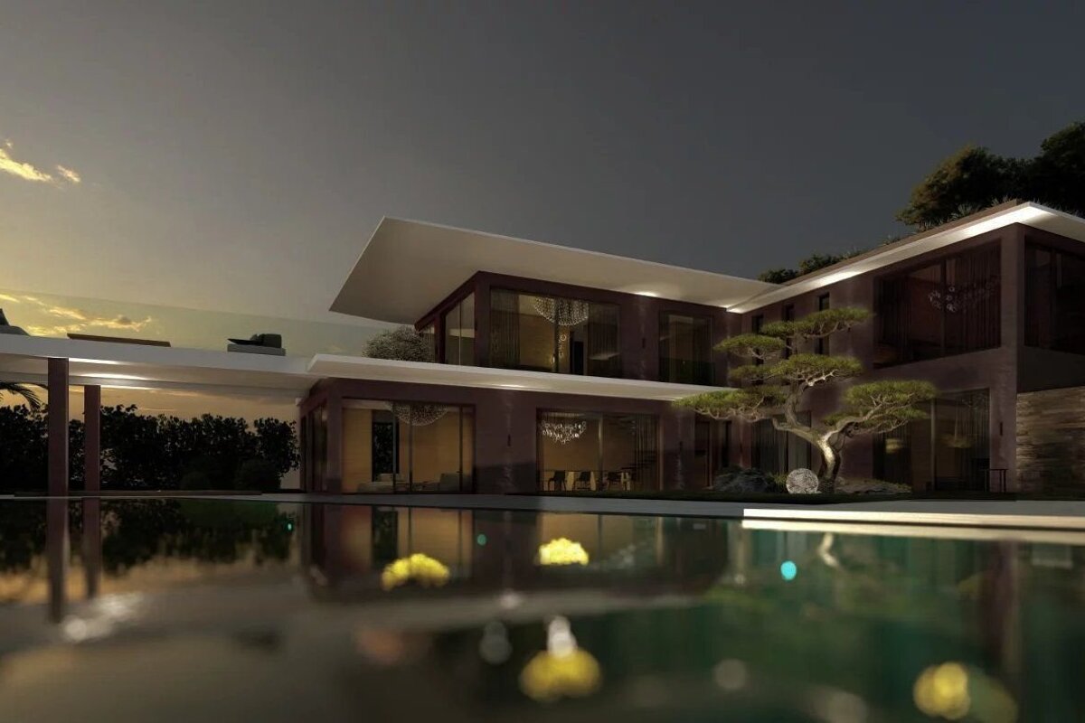 A modern luxury villa with large windows and a bonsai tree is shown at dusk, reflected in a still pool.