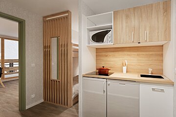 A compact apartment featuring a modern kitchenette with a microwave and stove, adjacent to a sleeping area with bunk beds, separated by a wooden slatted screen.