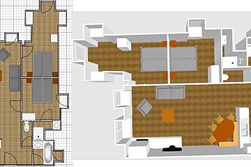 Two floor plans shown side-by-side: a traditional 2D blueprint on a grid and a 3D rendering of the same space with furniture.