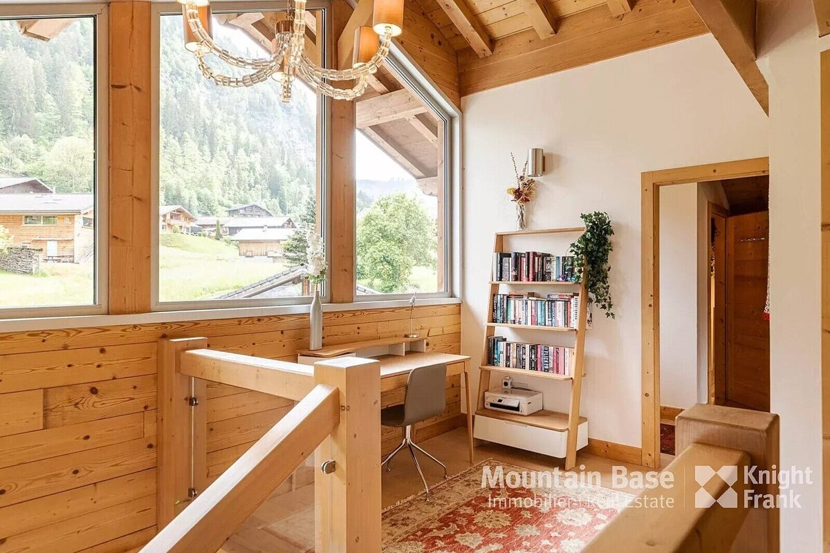 A room with a desk and a bookshelf with the words mountain base on it