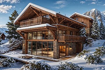 A large wooden house with snow on the roof