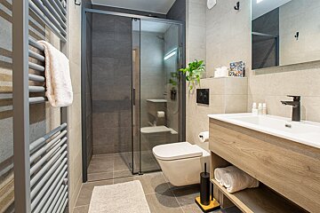 A bathroom with a toilet a sink and a walk in shower