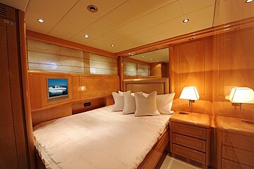 A bedroom with a bed and a television with a boat on it