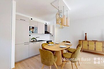 A kitchen and dining room with the words mountain base on the wall