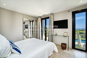 A bedroom with a large bed and a flat screen tv