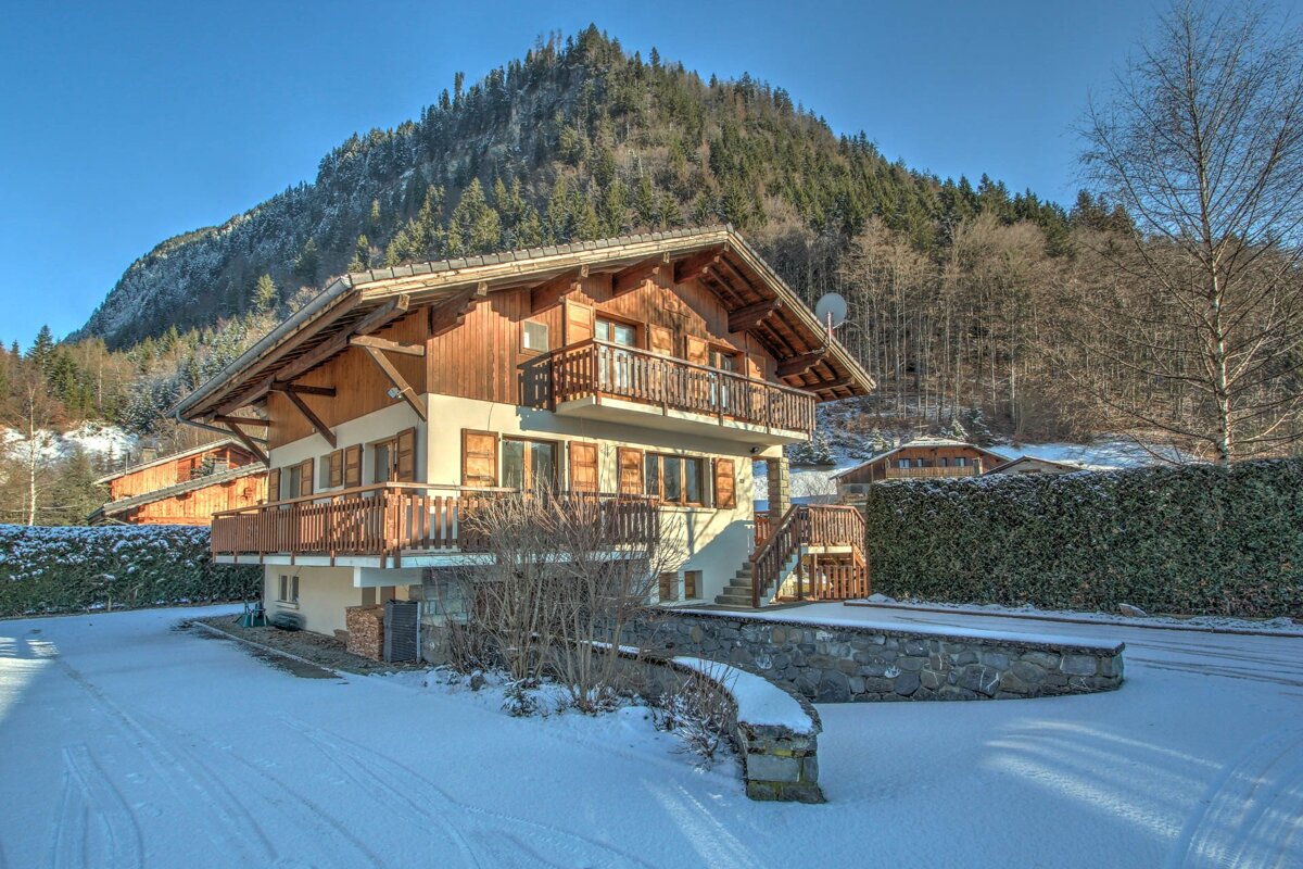 A snowy house with a mountain in the background