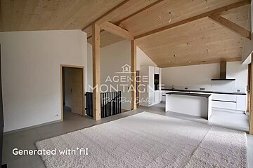 Modern chalet interior with a vaulted wooden ceiling, open-plan white kitchen, minimalist decor, and a large white area rug.