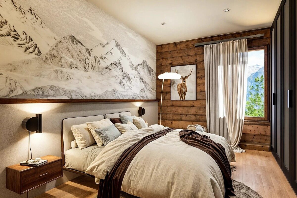 A cozy modern bedroom with a large mountain wall mural, wood-paneled accent wall, a comfortable bed, and scenic window views.