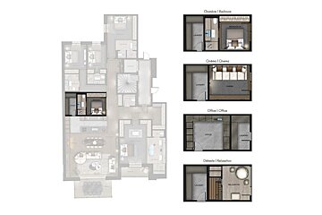 A floor plan of a house shows the bedrooms and offices