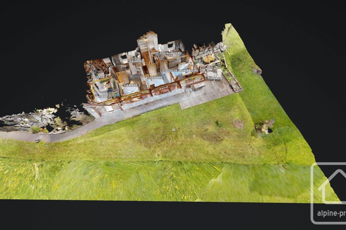 A 3D architectural model of a building, showing labeled rooms like 