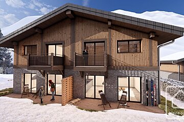 Modern two-story alpine chalet in a snowy landscape, featuring a wood and stone facade, balconies, and a patio with skis.