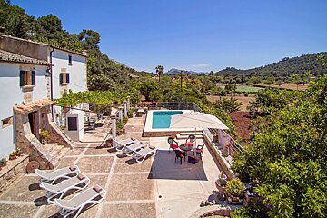 An aerial view of a house with a swimming pool
