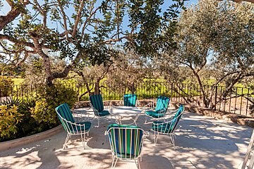 A patio with a table and chairs under a tree