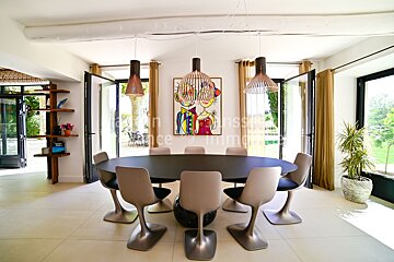 A dining room with a table and chairs and a painting on the wall