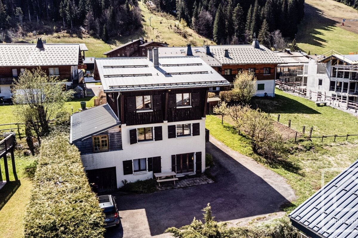 Aerial view of chalet-style houses nestled in a green mountain valley with pine forests. The main house features dark wood and white walls; a car is parked nearby.