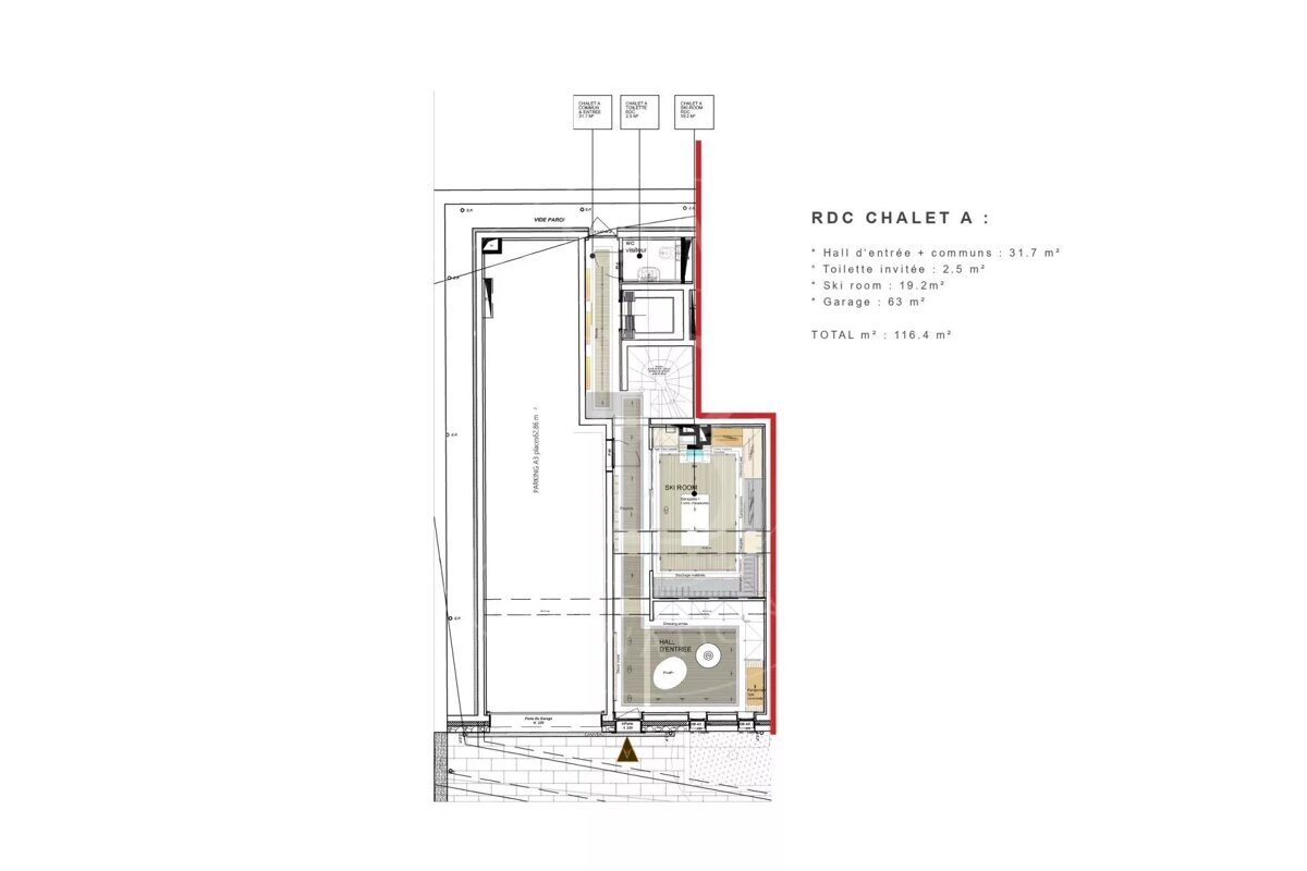 Architectural floor plan (RDC Chalet A) showing layout with hall, toilet, ski room, garage, and total area 116.4m².