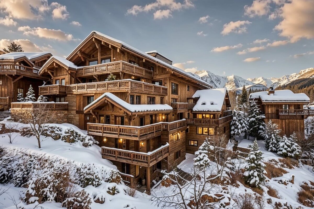 Snow-covered wooden chalets nestled in a scenic winter mountain landscape.