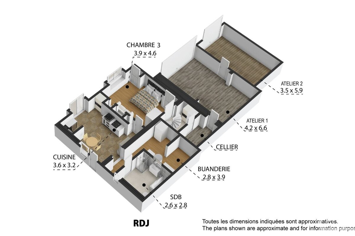 A detailed 3D floor plan (RDJ) shows a kitchen, bedroom, bathroom, laundry room, cellar, and two workshops, all labeled with dimensions.