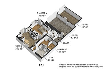 A detailed 3D floor plan (RDJ) shows a kitchen, bedroom, bathroom, laundry room, cellar, and two workshops, all labeled with dimensions.