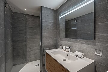 A bathroom with a sink a mirror and a walk in shower