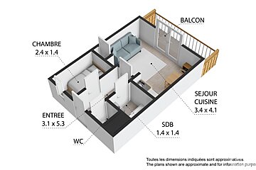 A 3d floor plan of a small apartment with a balcony