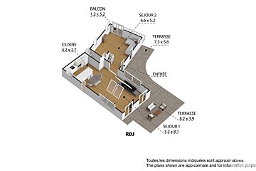 3D isometric floor plan of a house showing a kitchen, two living areas, a balcony, two terraces, and an entrance, with dimensions.