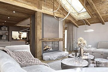 A modern, cozy living room with a prominent glass fireplace, rustic wooden beams, plush sofas, and contemporary lighting under a skylight.