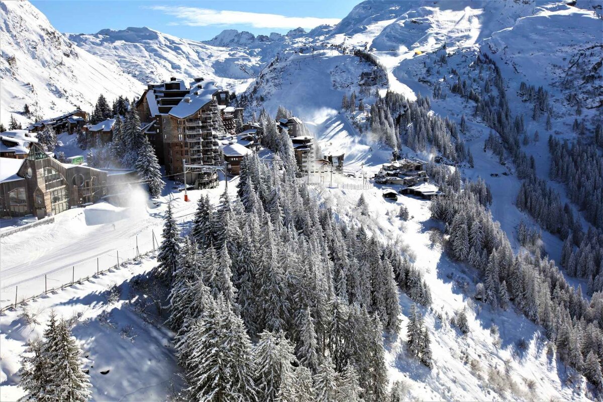 A snowy landscape with trees and buildings in the background