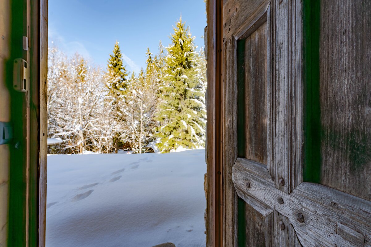 An open rustic door frames a bright snowy winter forest with footprints in the snow, evergreen trees, and a clear blue sky.