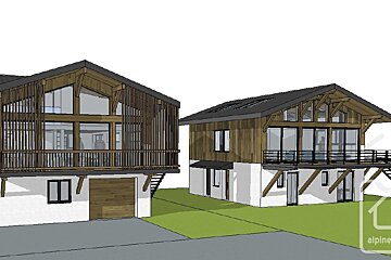 Architectural rendering of two modern wooden chalets with large glass windows, balconies, and white stucco ground floors.