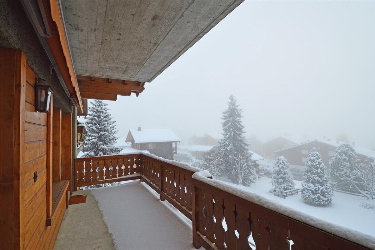 A balcony with snow on the ground and trees in the background